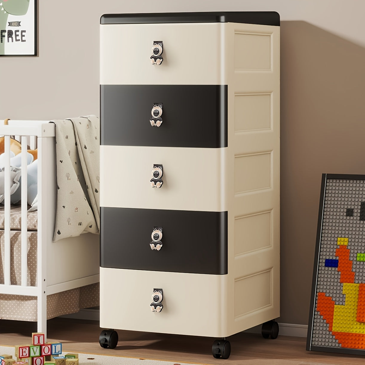 Cuddlix™ | Rollschrank mit Panda-Griffen – Großer Kunststoff-Organizer mit Schubladen für Kleidung, Spielzeug & Schlafzimmer