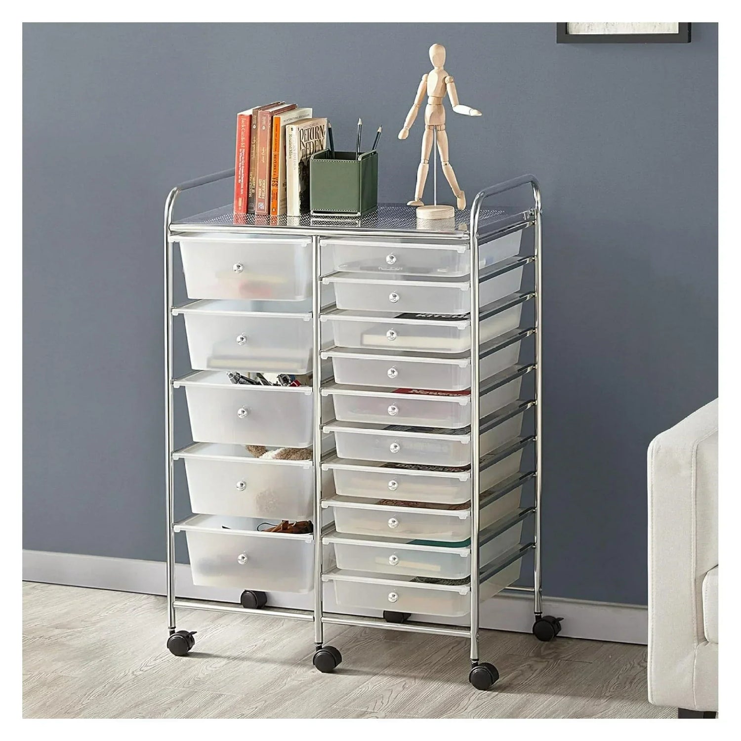 Storium™ | Rollwagen mit 15 Schubladen, Metallrahmen & Feststellrollen, Klare Schubladen